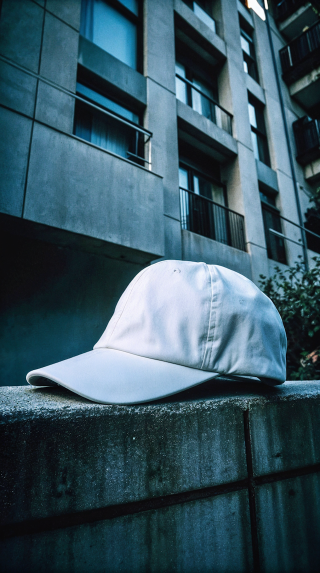 White Baseball Cap on Ledge