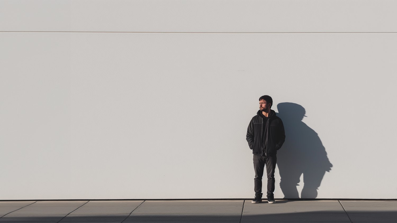 Contemplative Man with Shadow on Expansive White Wall