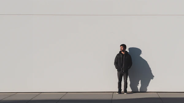 Contemplative Man with Shadow on Expansive White Wall
