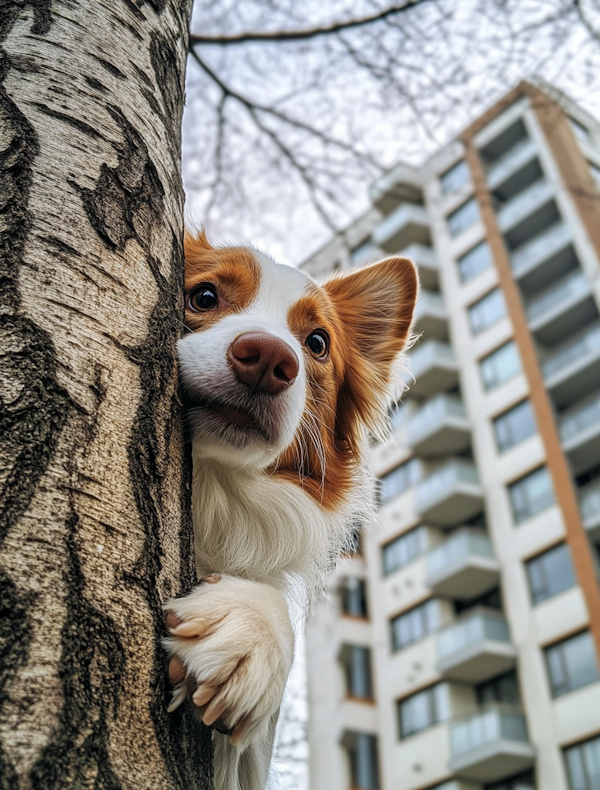 Playful Dog Peeking Behind Tree