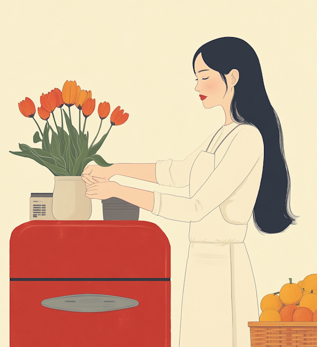 Asian Woman with Tulips in Red Kitchen