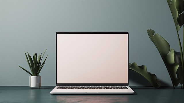 Modern Workspace with Laptop and Plants