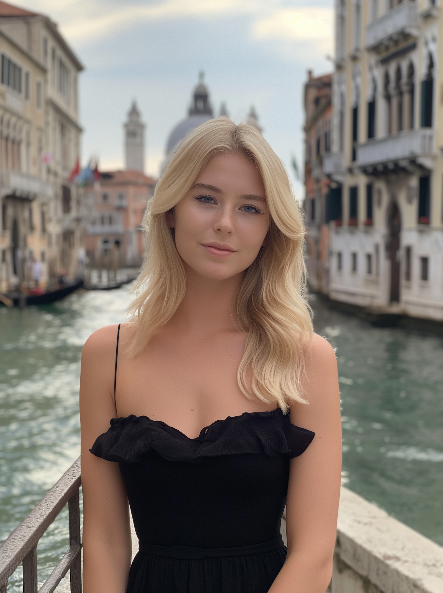 Woman in Black Dress with Cityscape