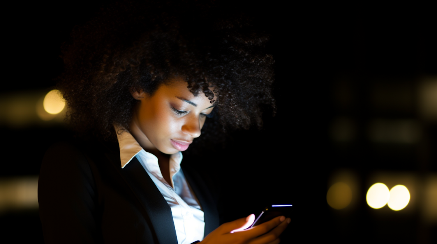 Businesswoman Engrossed in Smartphone Glow