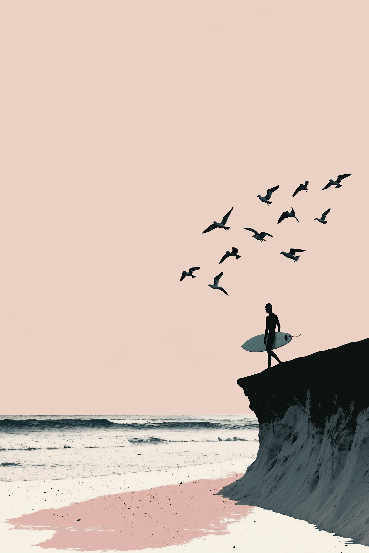 Silhouette on Cliff with Surfboard