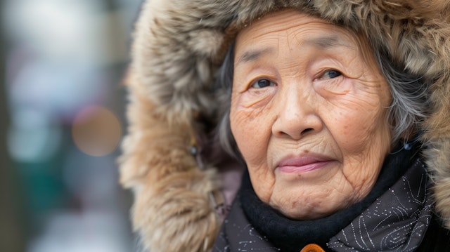 Elderly Woman in Fur-Lined Hooded Coat