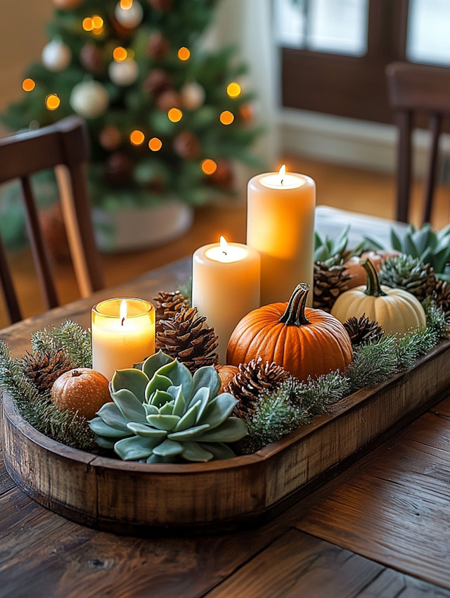 Festive Centerpiece with Candles and Seasonal Decor