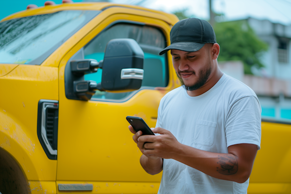 Yellow Pickup Truck And Man Using Smartphone