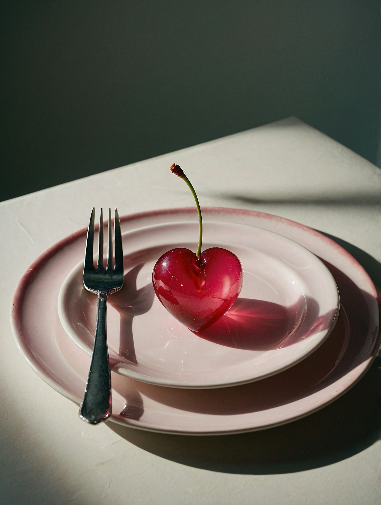 Heart-shaped Cherry on Pink Plates