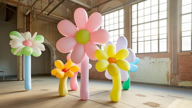 Oversized Balloon Flower Sculptures in Industrial Space