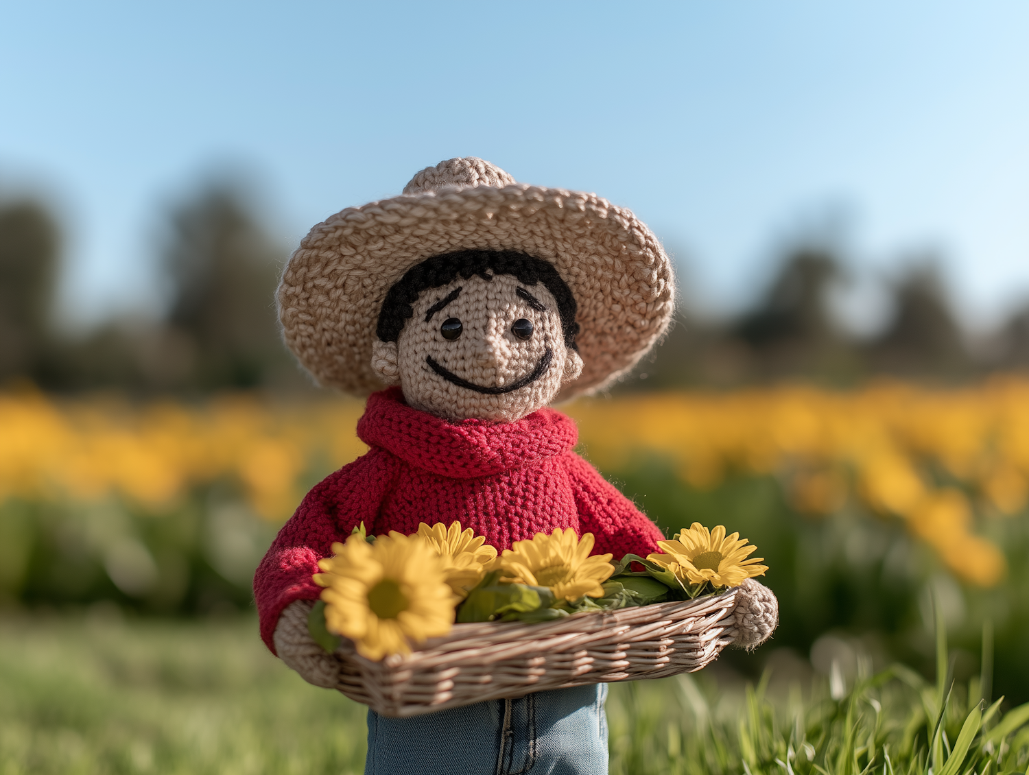 Cheerful Knitted Doll in Flower Field