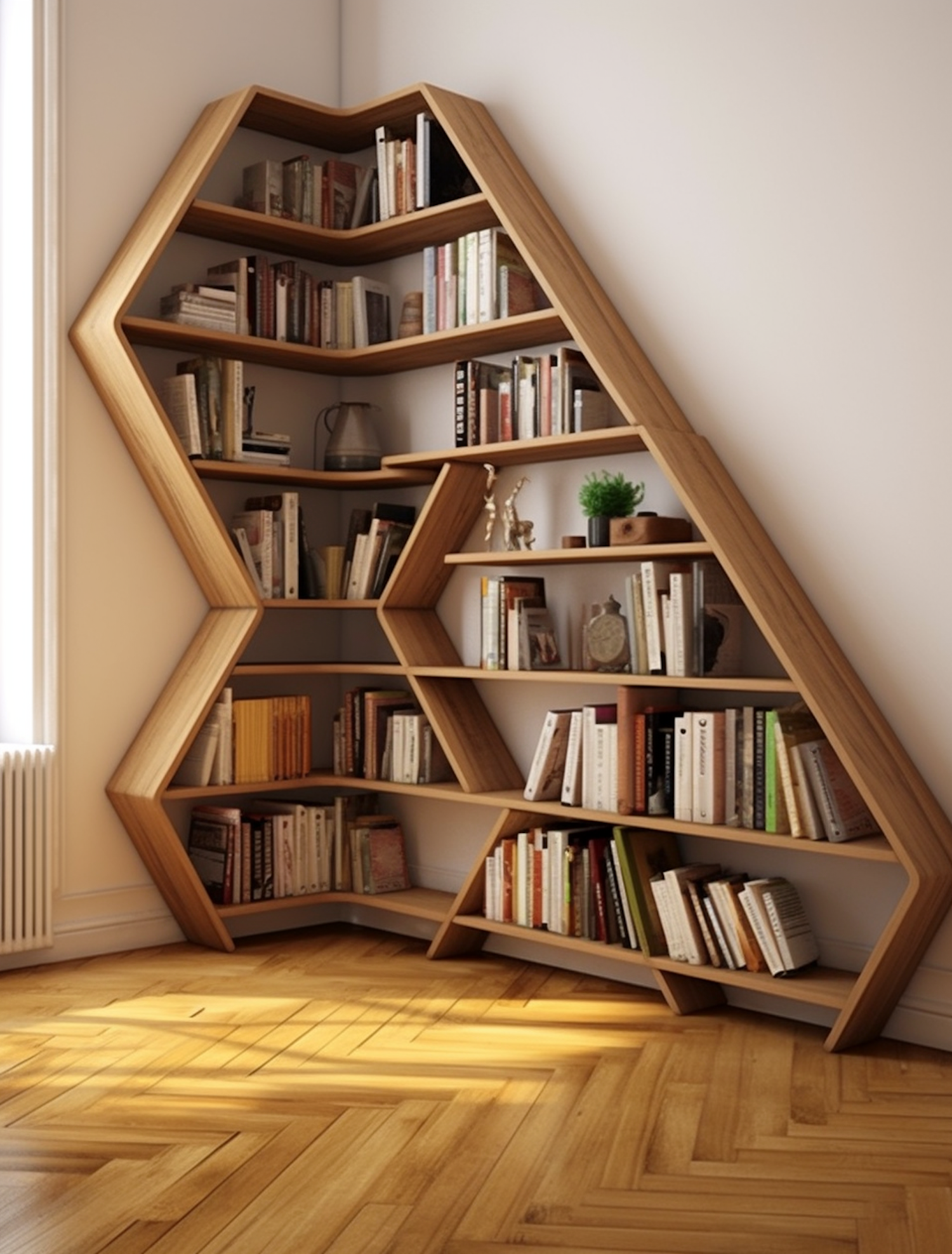 Waveform Wooden Bookshelf in Sunlit Study