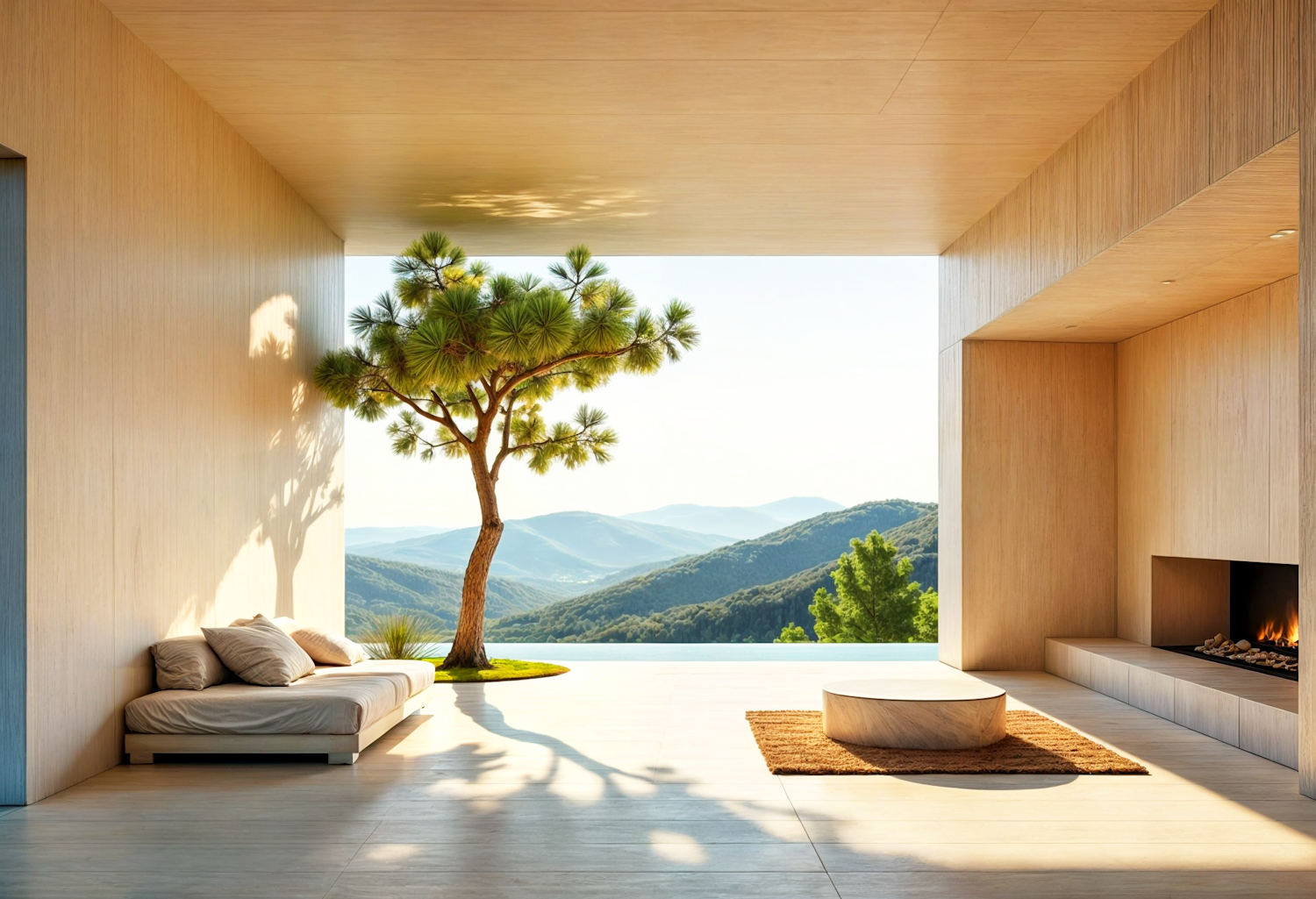 Serene Minimalist Interior with Mountain View