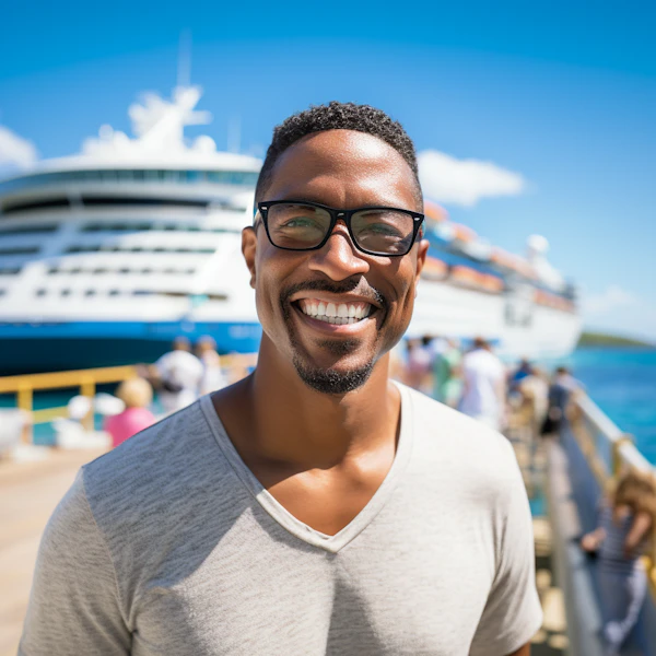 Cheerful Traveler at Sunny Pier