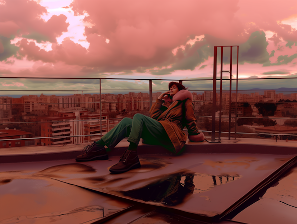 Contemplative Woman on Rooftop Terrace at Sunset