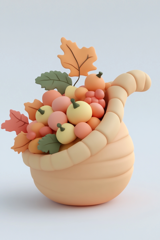 Stylized Cornucopia with Fruits and Leaves