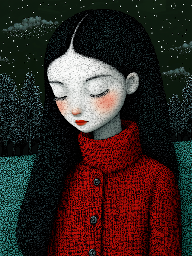 Serene Girl in Red Coat