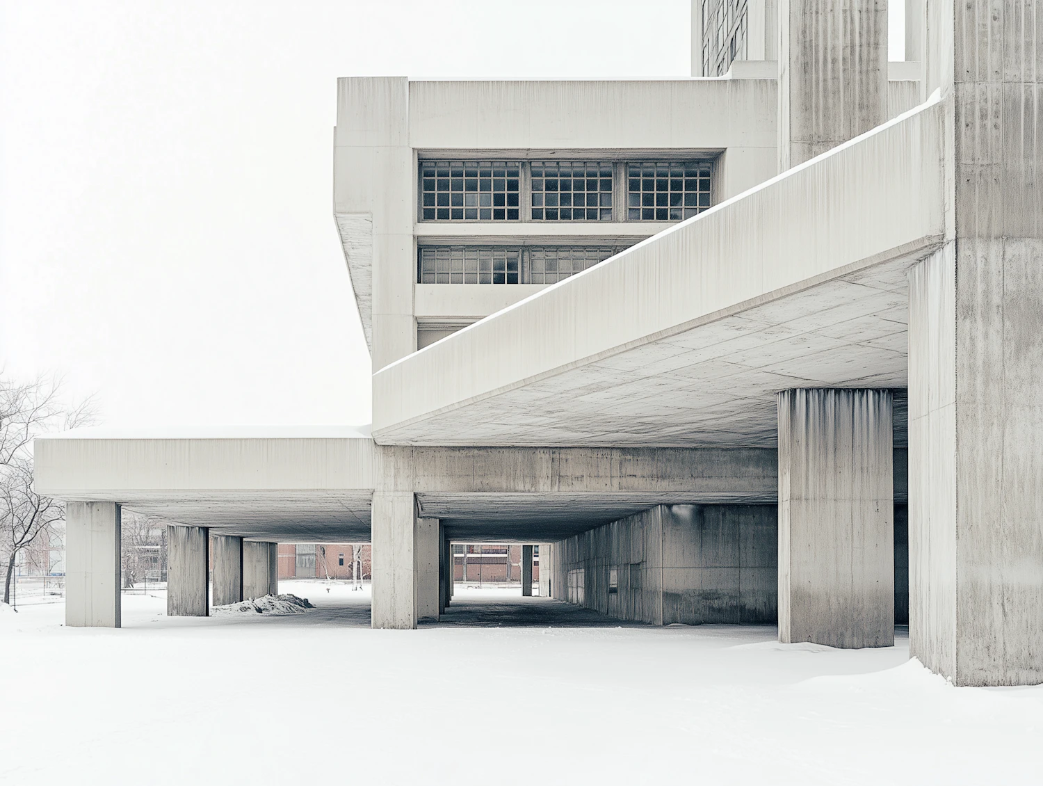 A minimalist brutalist concrete structure in a snowy landscape