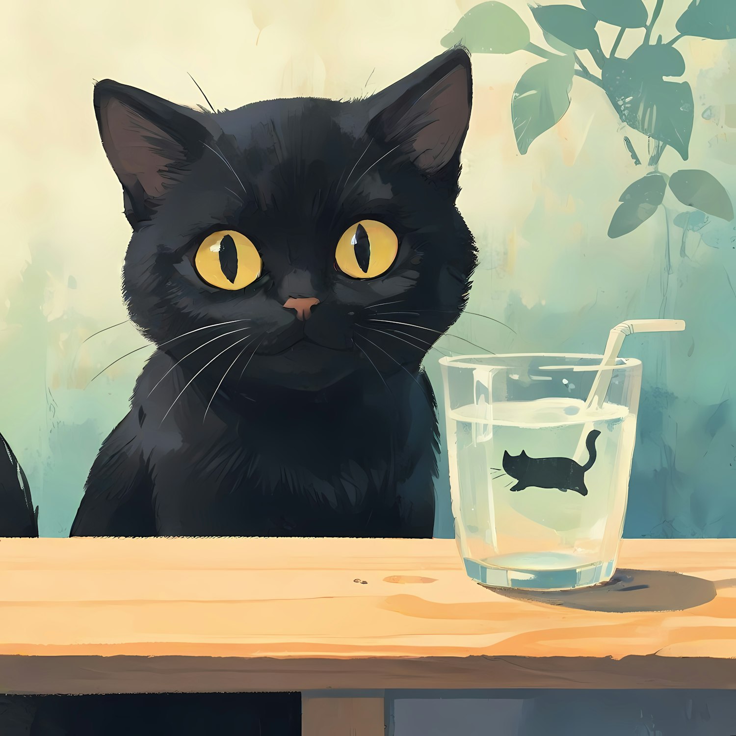 Curious Black Cat with Glass