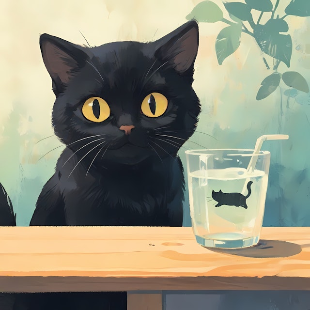 Curious Black Cat with Glass