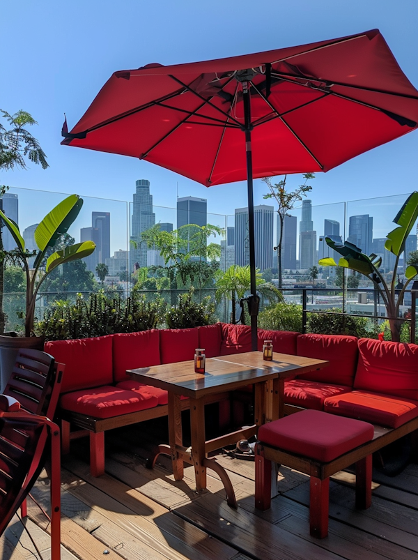 Urban Oasis with Red Umbrella and Skyline View