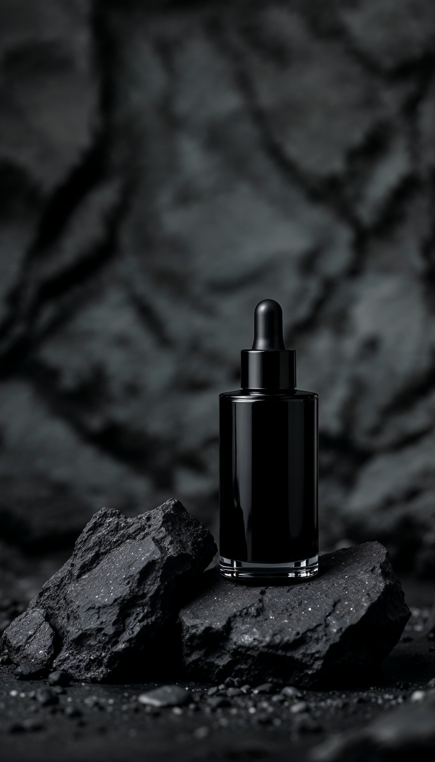 Sleek Black Dropper Bottle on Rock Surface