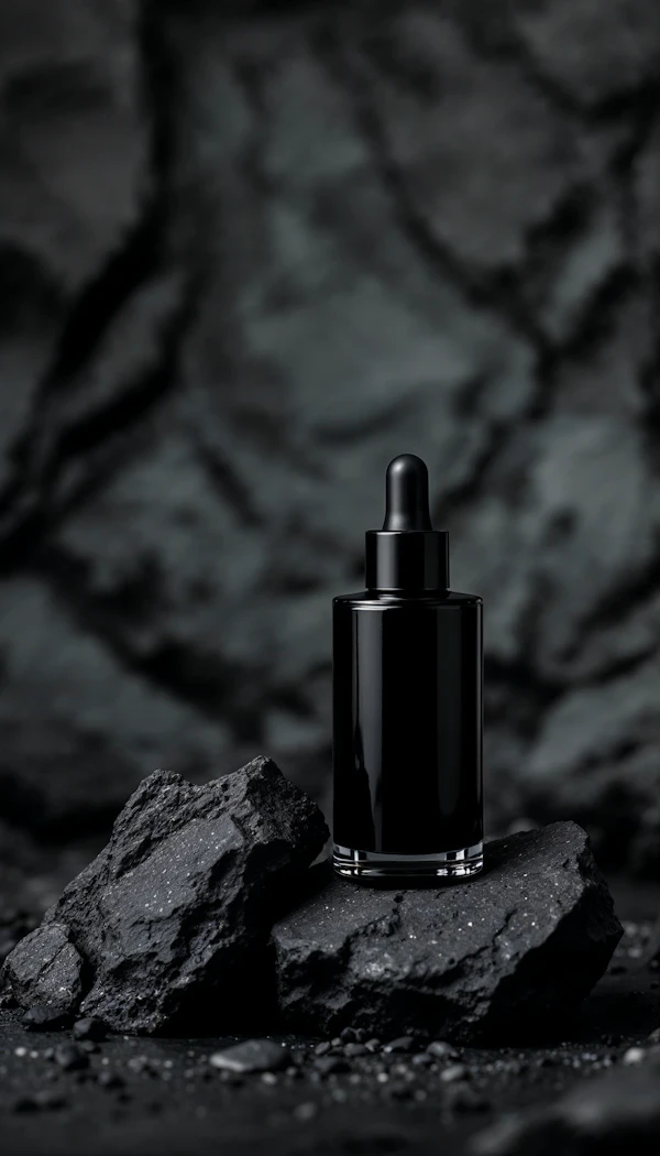 Sleek Black Dropper Bottle on Rock Surface