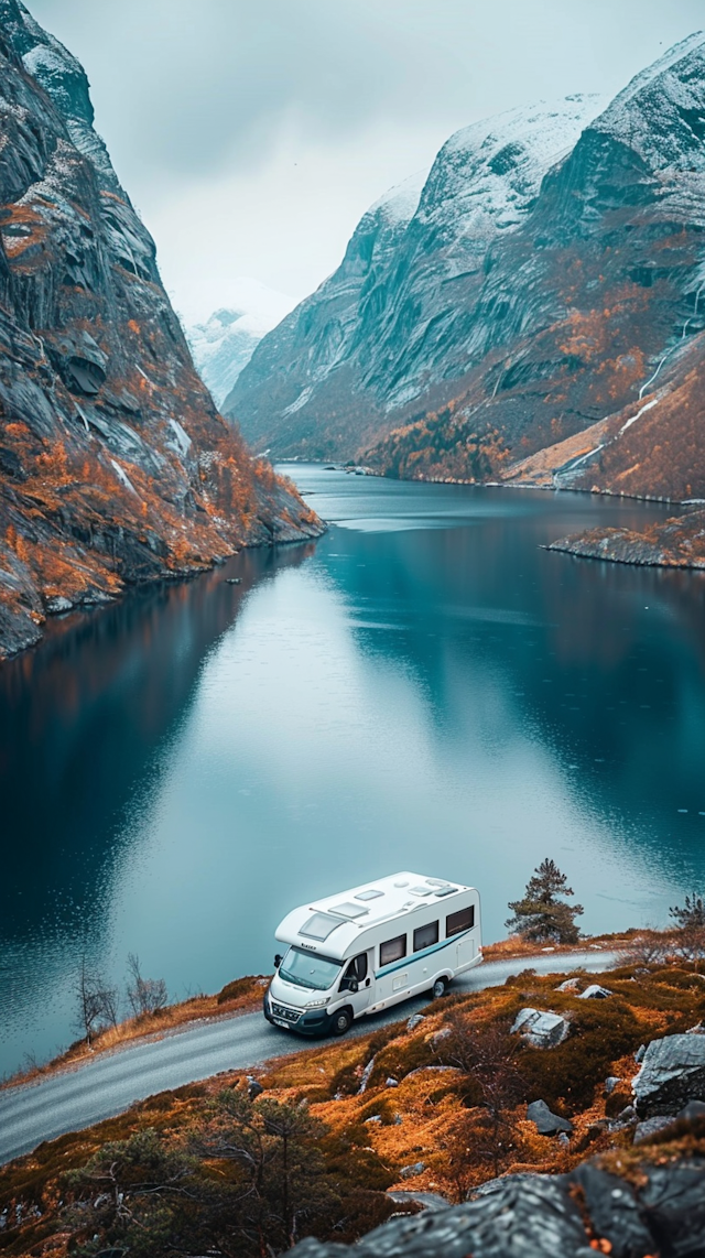 Serene Lake and Mountain Landscape with Camper Van