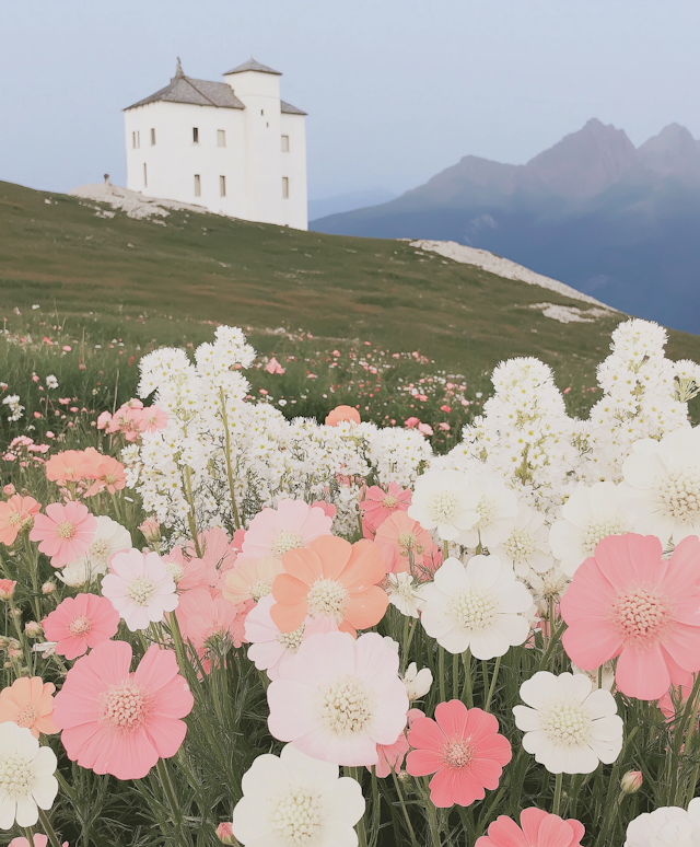 Tranquil Field with Flowers and Building