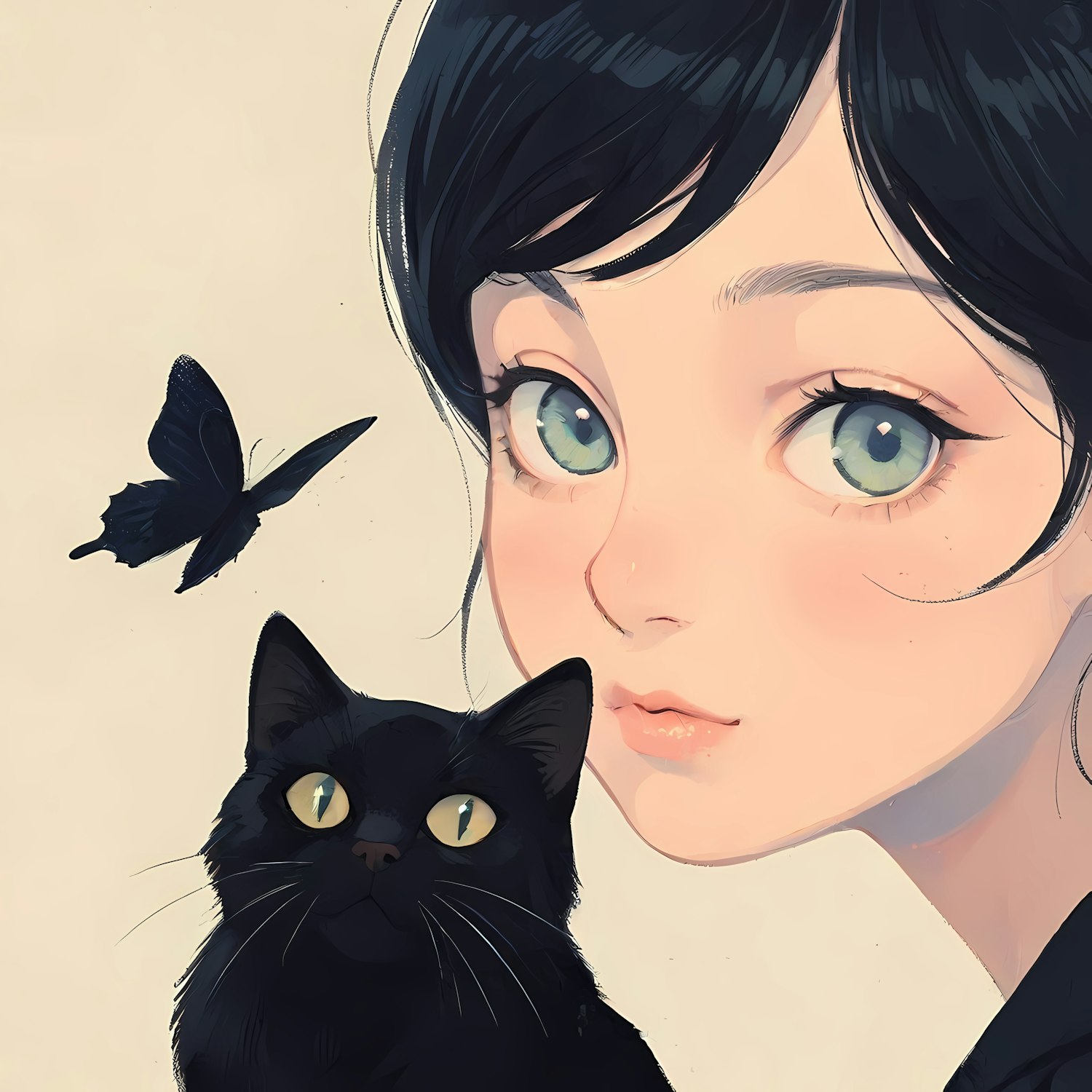 Serene Woman with Black Cat and Butterfly