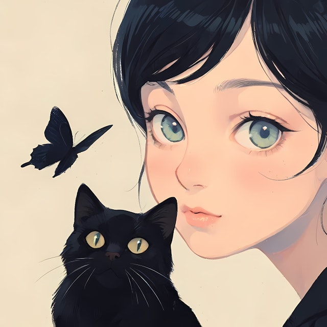 Serene Woman with Black Cat and Butterfly