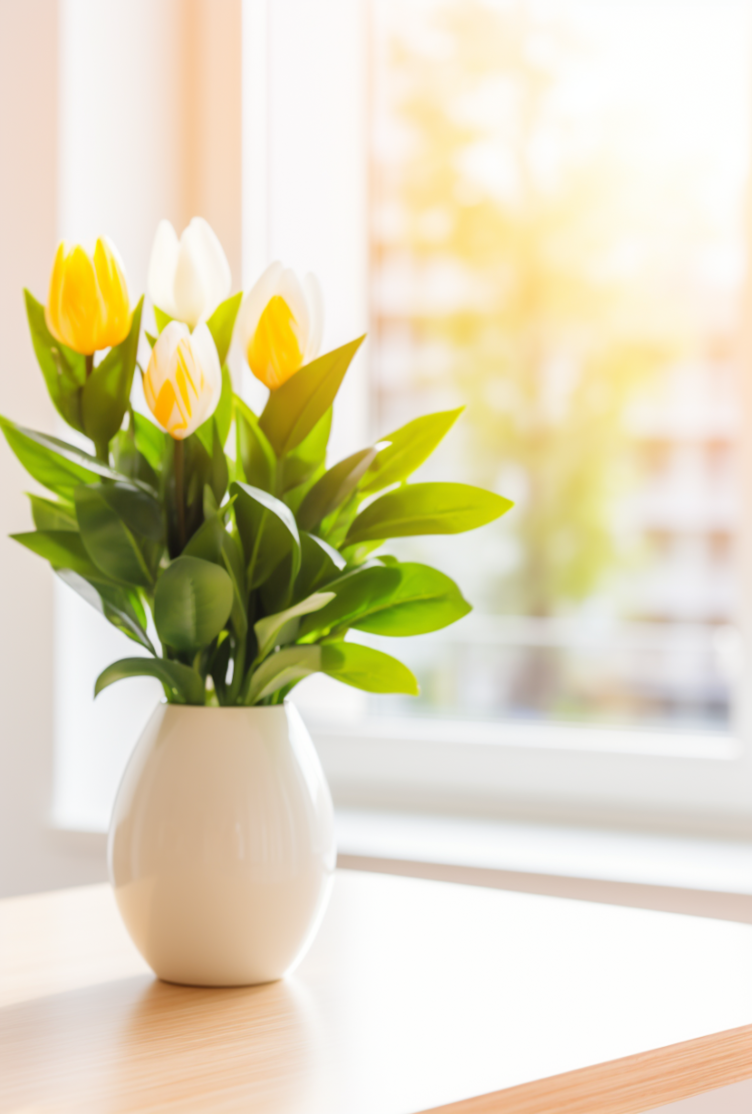 Sunlit Elegance: Fresh Tulips in White Vase