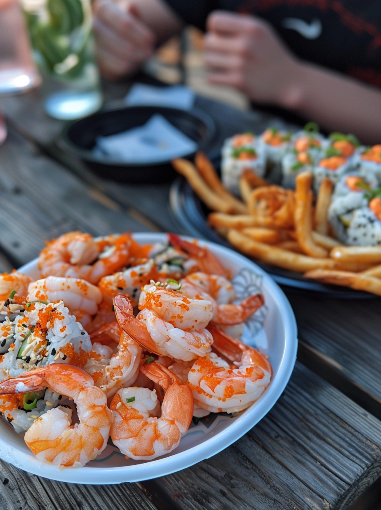 Casual Dining Scene with Sushi and Shrimps