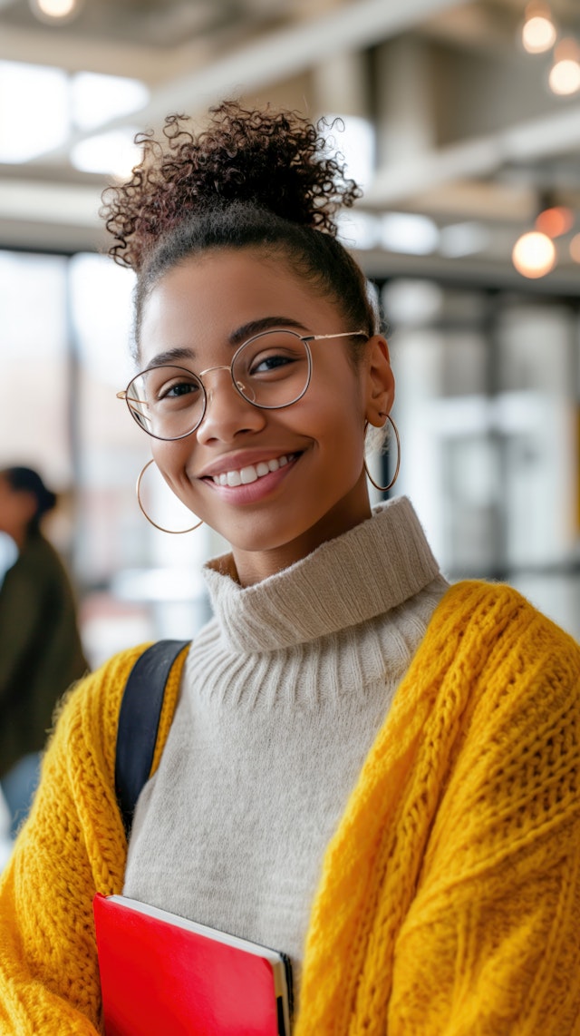 Cheerful Woman with Notebook