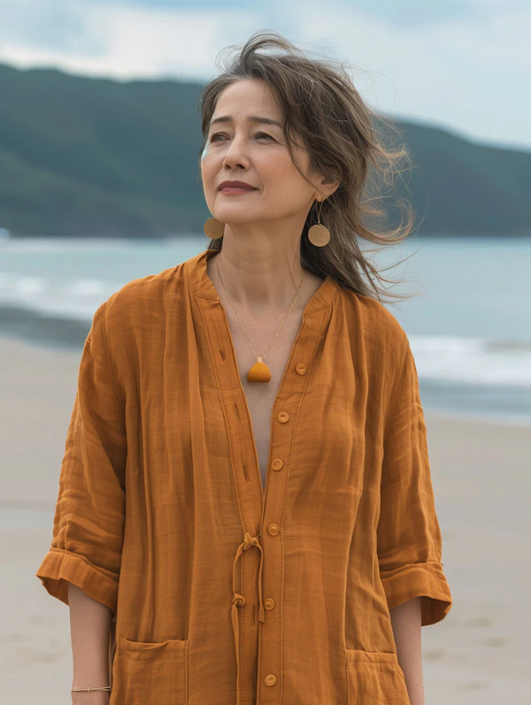 Serene Middle-aged Asian Woman on Beach