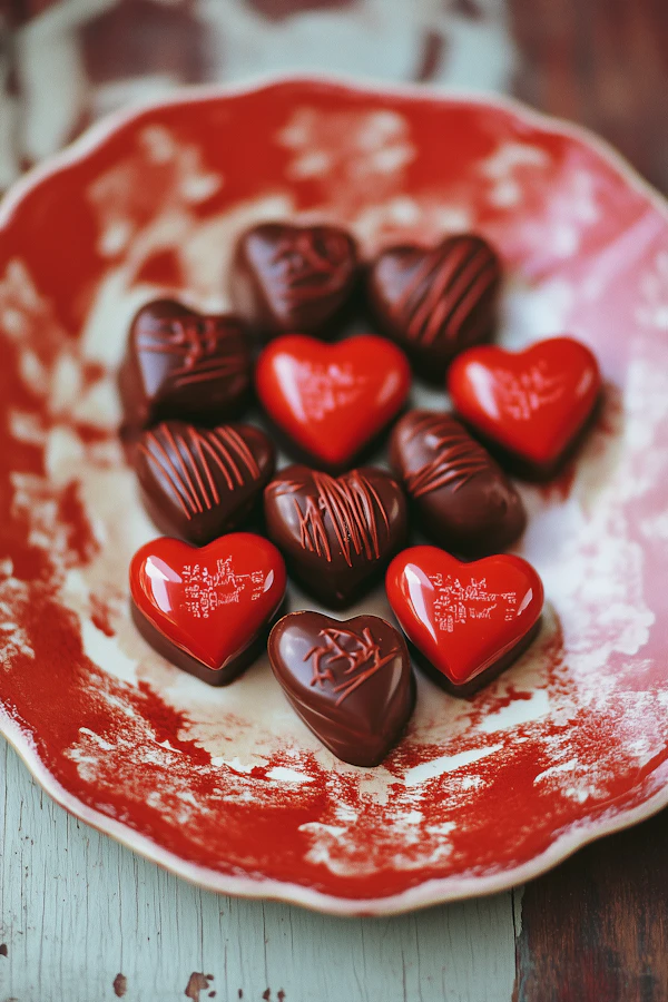 Heart-Shaped Chocolates on Decorative Plate