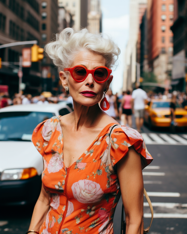 Urban Elegance: The Red Sunglasses Lady