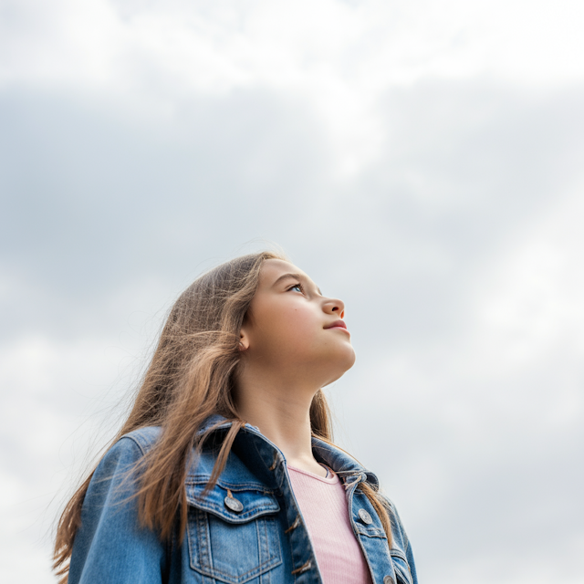 Contemplative Girl Under Cloudy Sky