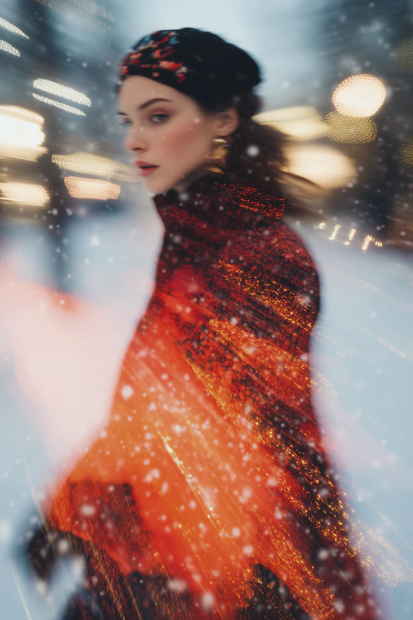 Woman in Red Outfit in Snowy Urban Setting