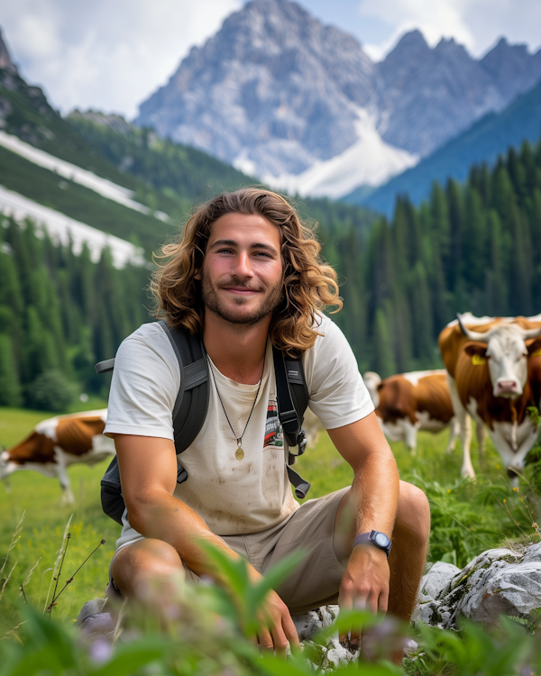 Young Man Outdoors with Mountains and Cows