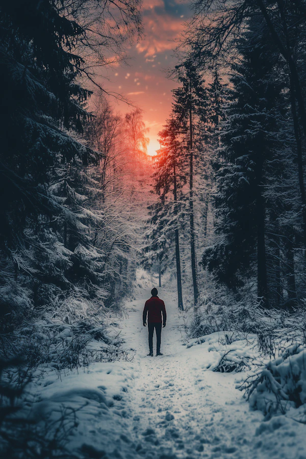 Solitary Figure in Winter Forest