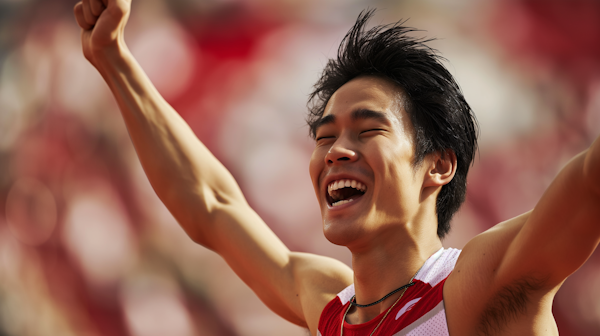 Triumphant Asian Male Athlete Celebrating Victory