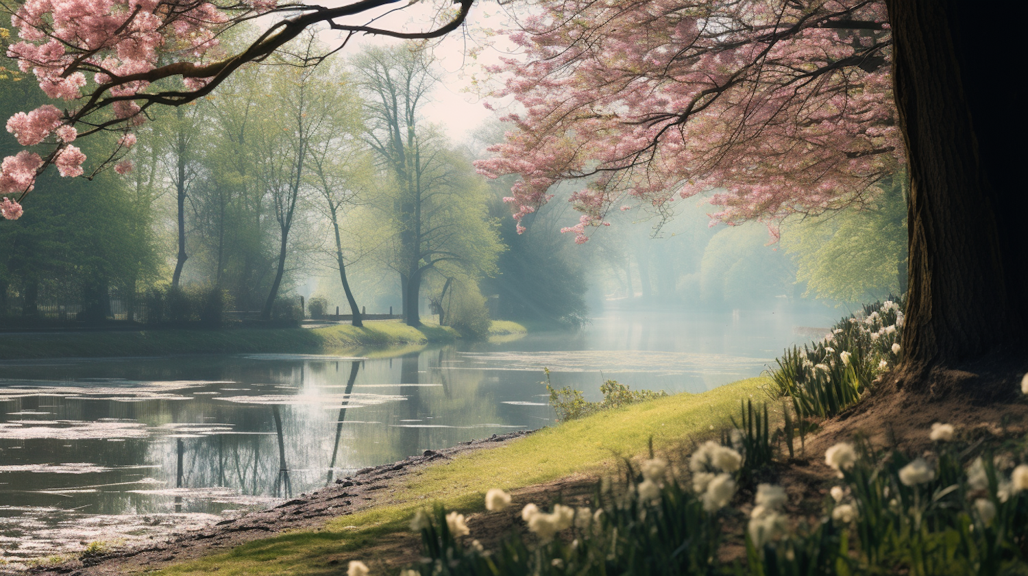 Springtime Serenity by the Cherry Blossom Lake