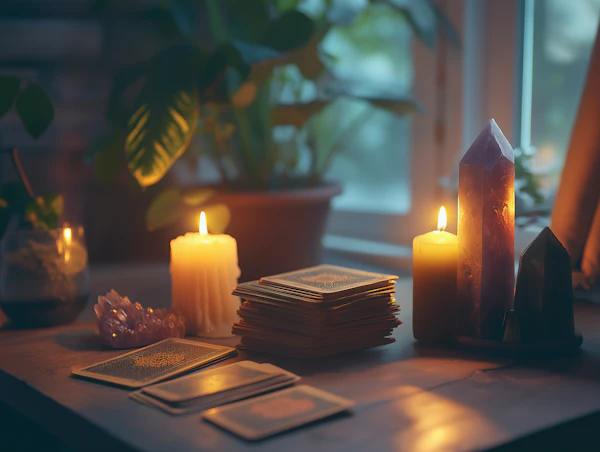 Mystical Meditation Setting with Tarot and Crystals