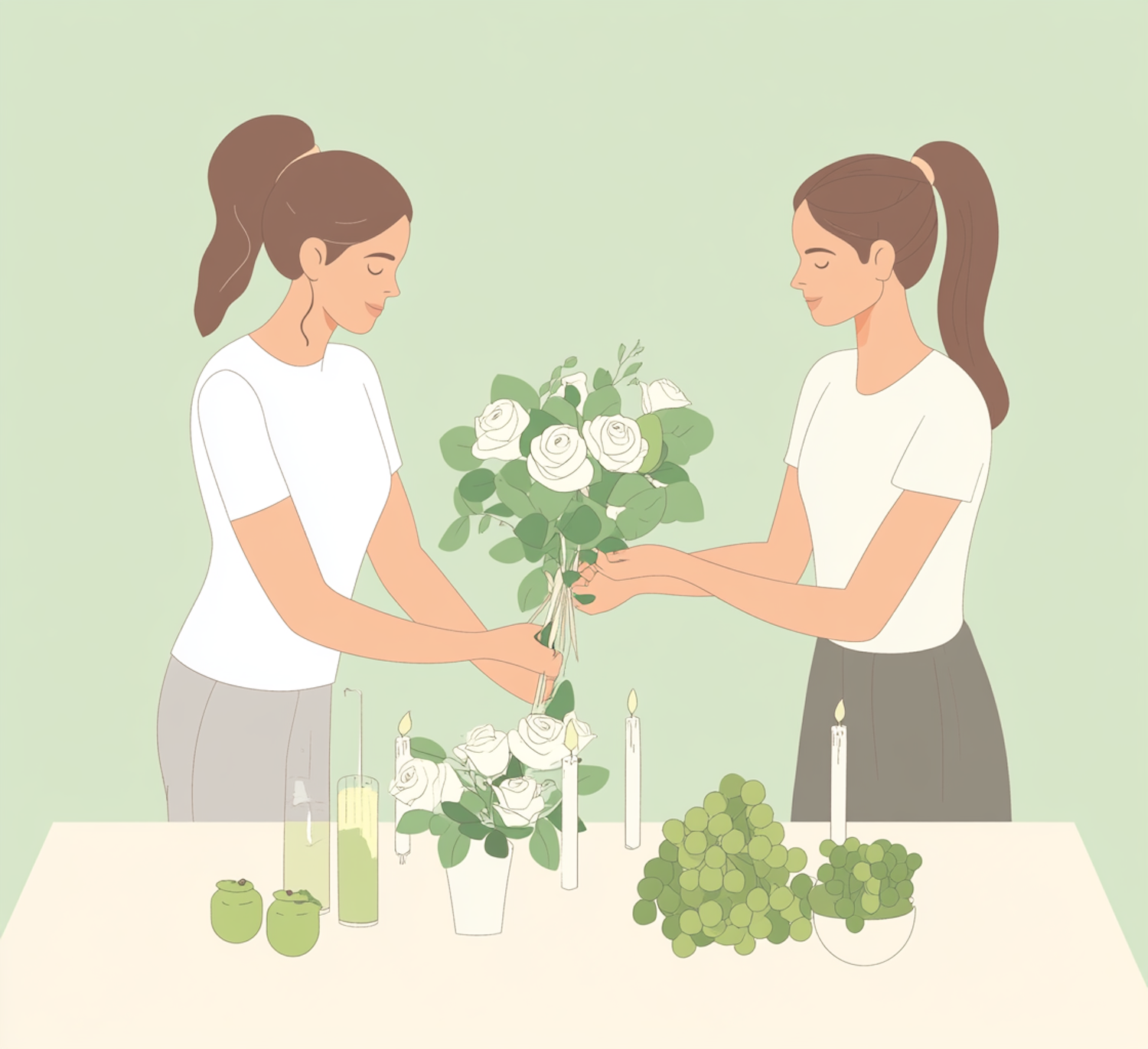 Two Women Arranging White Roses