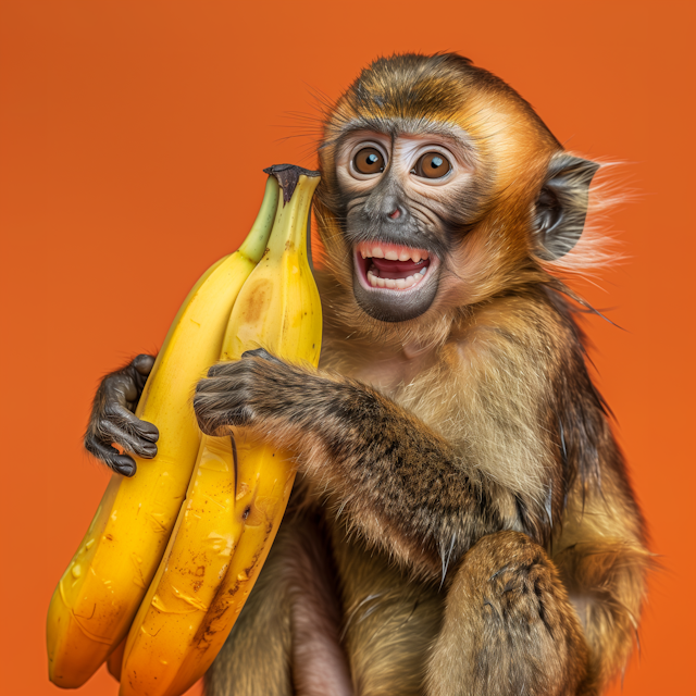 Surprised Juvenile Monkey with Bananas