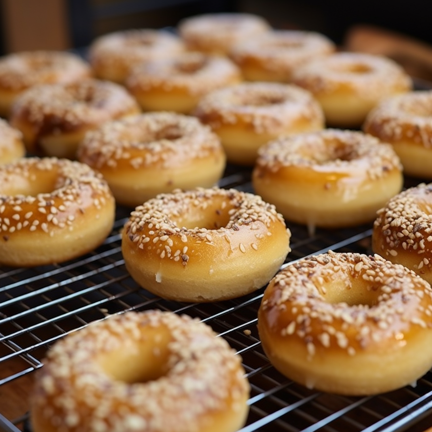 Glazed Sesame Seed Doughnuts on Rack