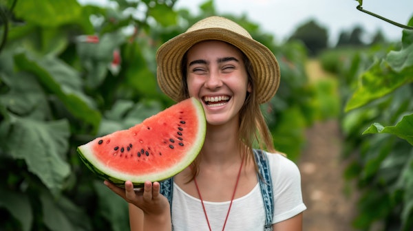 Woman With Watermelon In Nature