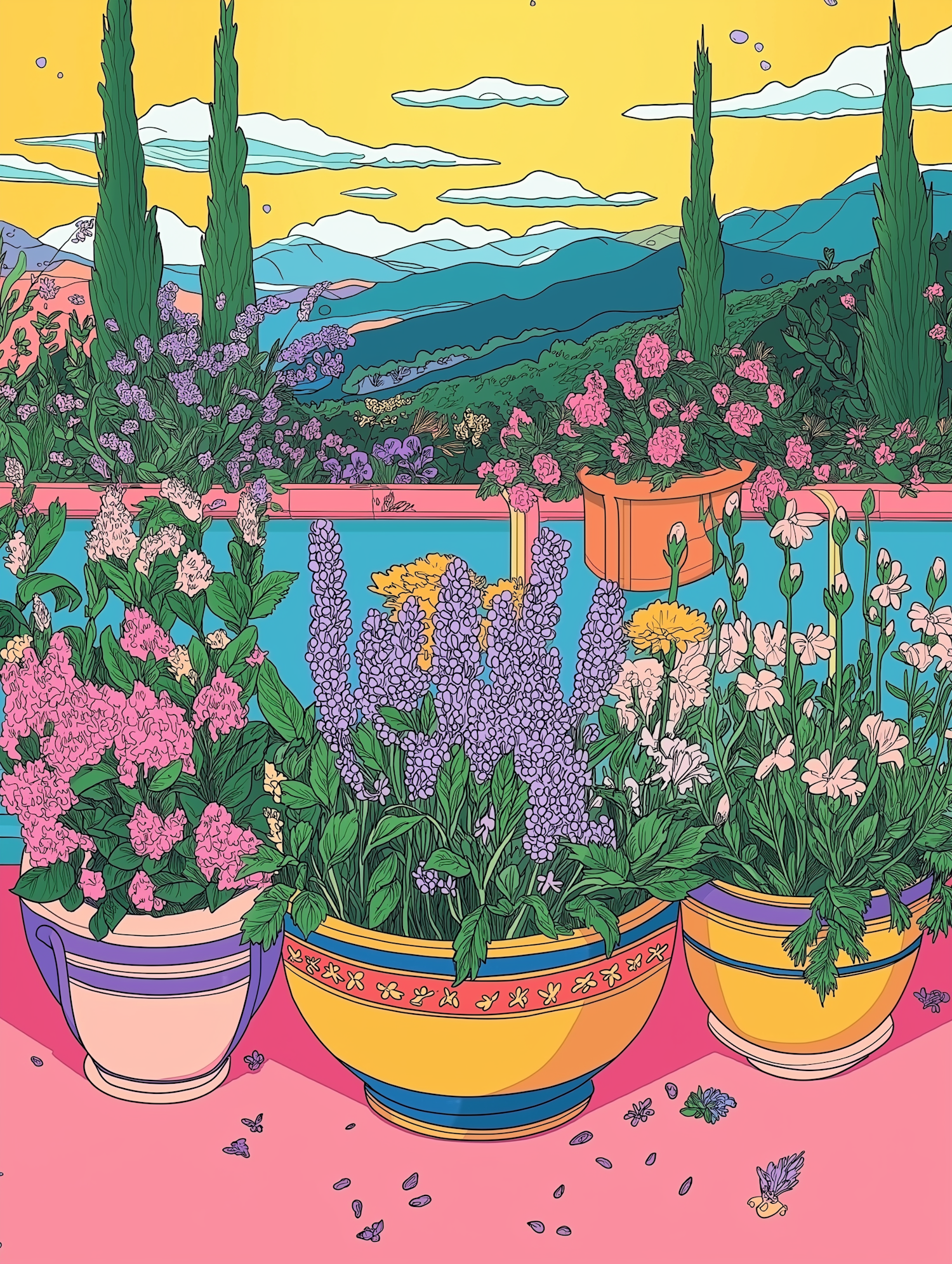 Vibrant Illustration of a Scenic Landscape with Flower Pots