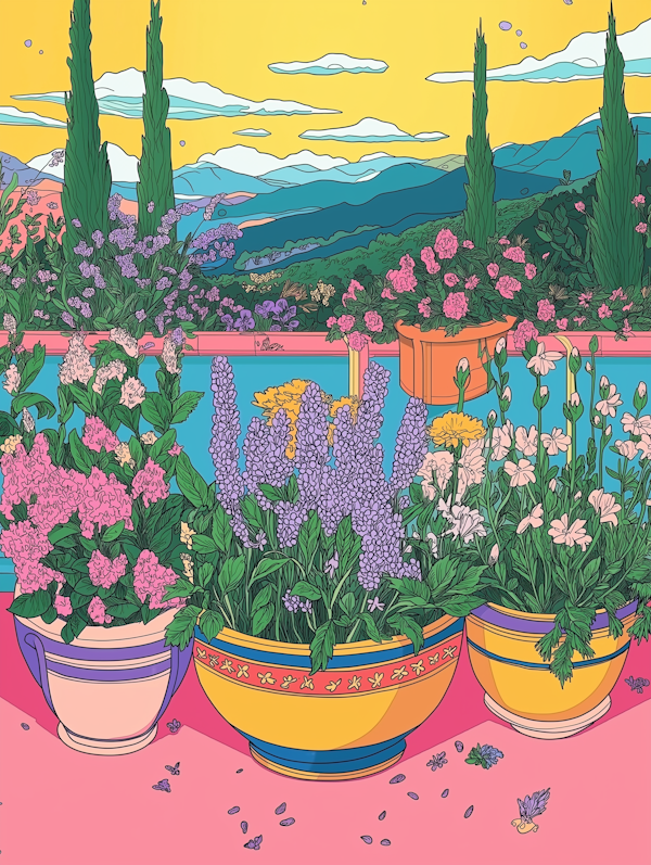 Vibrant Illustration of a Scenic Landscape with Flower Pots